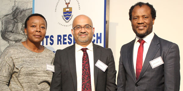 Veronica Ntsiela and Rudrajit Mitra recognised as NRF C-rated researchers by DVC Research Prof. Zeblon Vilakazi on right 